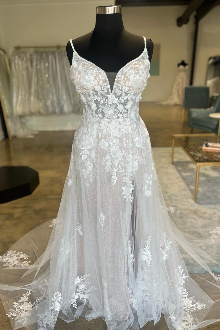 Ivory Floral Lace Spaghetti Strap Long Bridal Gown