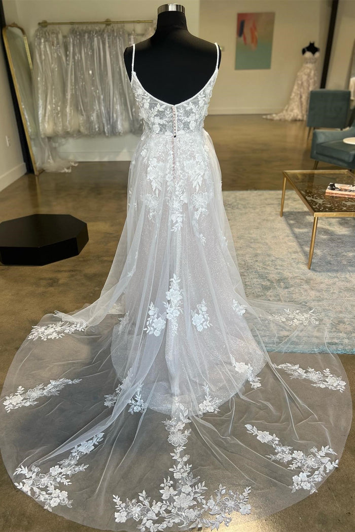 Ivory Floral Lace Spaghetti Strap Long Bridal Gown