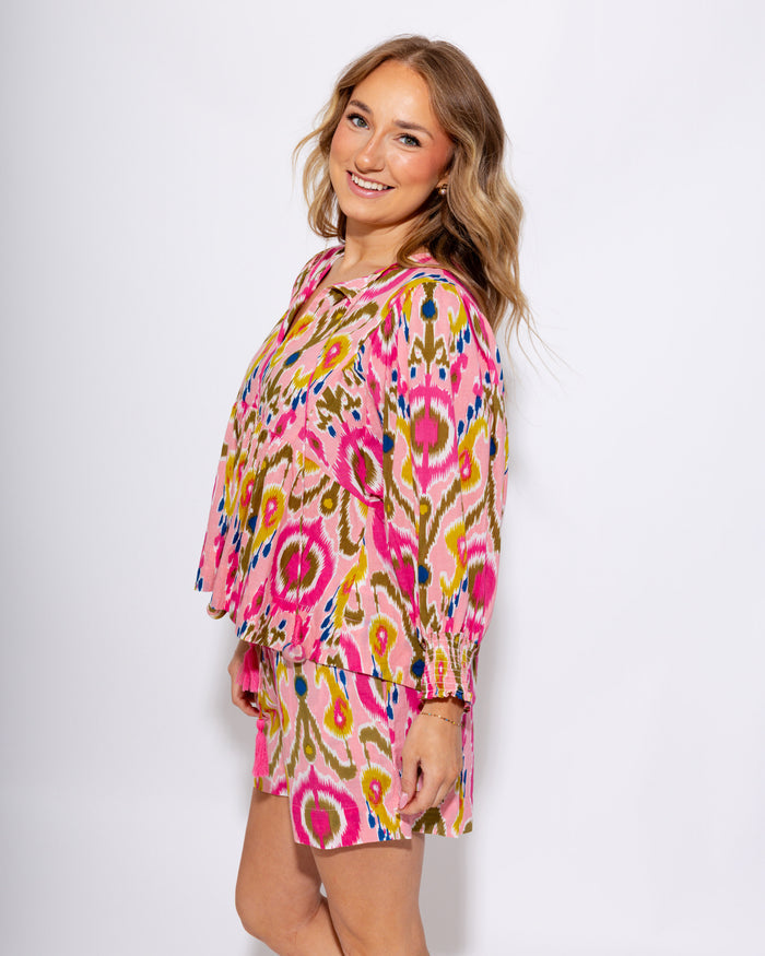 Ivy Jane Ikat V-Neck Top Pink Green - Gaudie & Co. Southeast Texas Boutique
