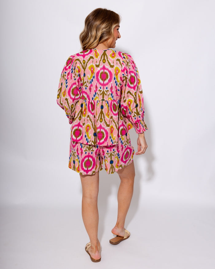 Ivy Jane Ikat V-Neck Top Pink Green - Gaudie & Co. Southeast Texas Boutique
