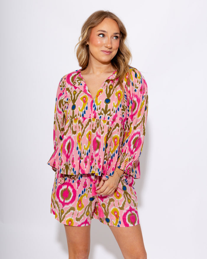 Ivy Jane Ikat V-Neck Top Pink Green - Gaudie & Co. Southeast Texas Boutique