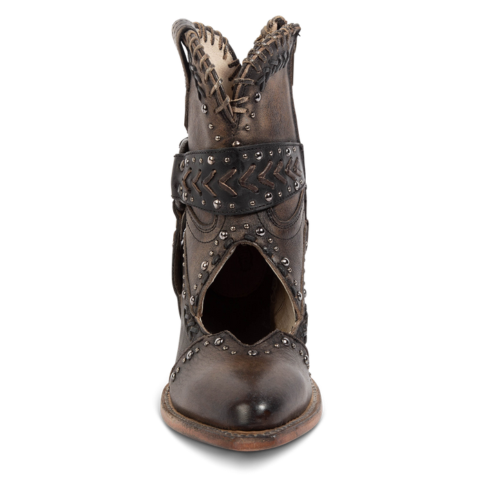 Front view showing silver stud detailing, instep cutout, stitched strap construction on FREEBIRD women's Jetson black heeled bootie