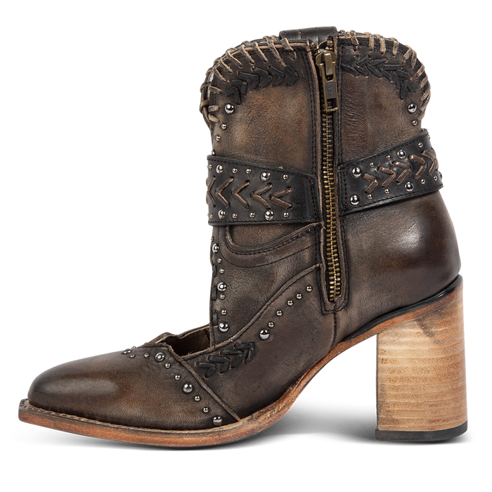 Inside view showing working brass zip closure, western detailing and a wood stacked heel on FREEBIRD women's Jetson black bootie