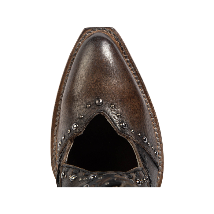 Top view showing a pointed toe and open instep construction with silver stud detailing on FREEBIRD women's Jetson black heeled bootie