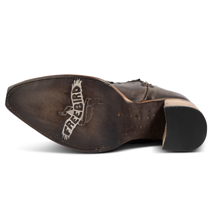Leather sole imprinted with FREEBIRD on women's Jetson black heeled bootie