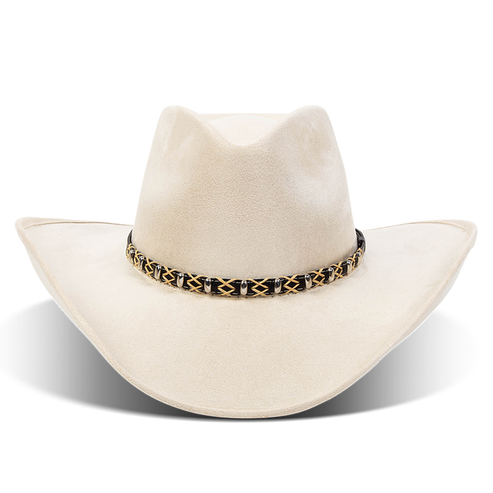 FREEBIRD Jones beige western cowboy hat featuring teardrop crown, upturned-brim, and braided leather band