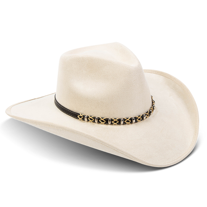 Jones beige side view showing upturned-brim on FREEBIRD western cowboy hat featuring teardrop crown and braided leather band
