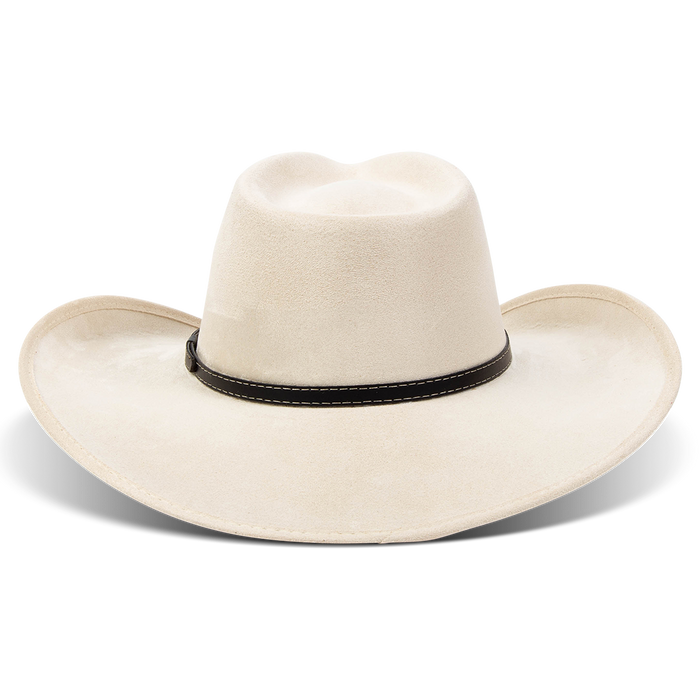 Jones beige back view showing braided leather band on FREEBIRD western cowboy hat featuring teardrop crown and upturned-brim