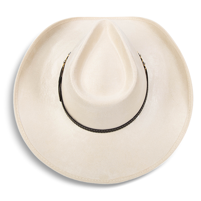 Jones beige top view showing teardrop crown on FREEBIRD western cowboy hat featuring upturned-brim and braided leather band