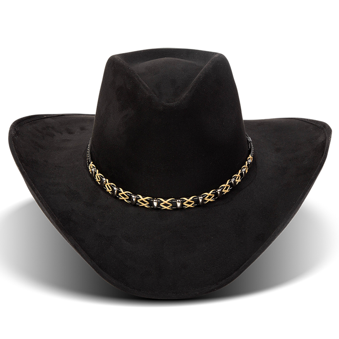 FREEBIRD Jones black western cowboy hat featuring teardrop crown, upturned-brim, and braided leather band
