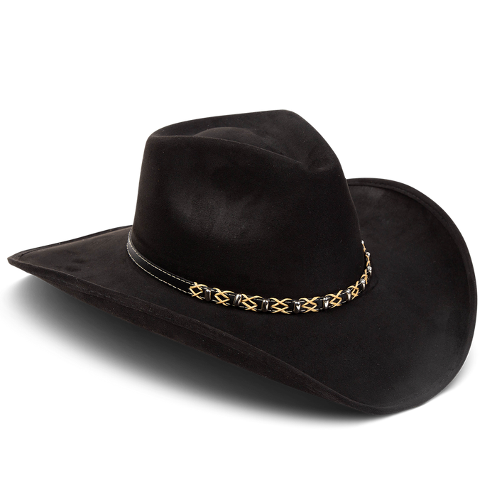 Jones black side view showing upturned-brim on FREEBIRD western cowboy hat featuring teardrop crown and braided leather band
