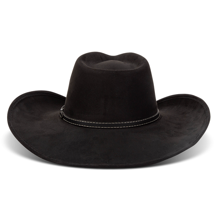 Jones black back view showing braided leather band on FREEBIRD western cowboy hat featuring teardrop crown and upturned-brim
