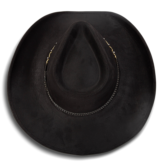 Jones black top view showing teardrop crown on FREEBIRD western cowboy hat featuring upturned-brim and braided leather band