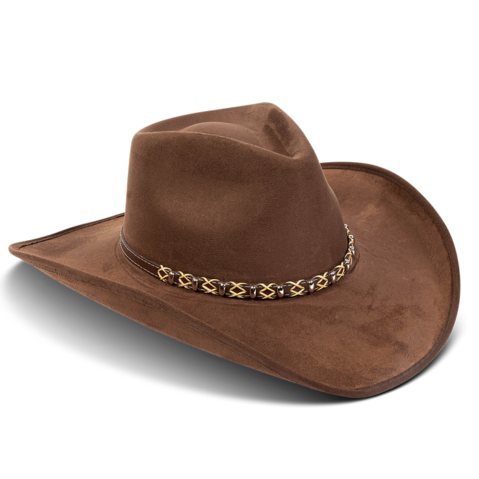 Jones brown side view showing upturned-brim on FREEBIRD western cowboy hat featuring teardrop crown and braided leather band