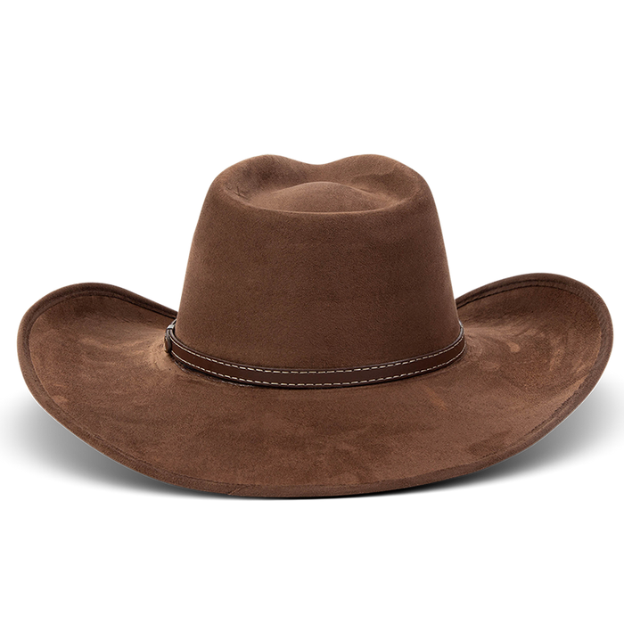 Jones brown back view showing braided leather band on FREEBIRD western cowboy hat featuring teardrop crown and upturned-brim