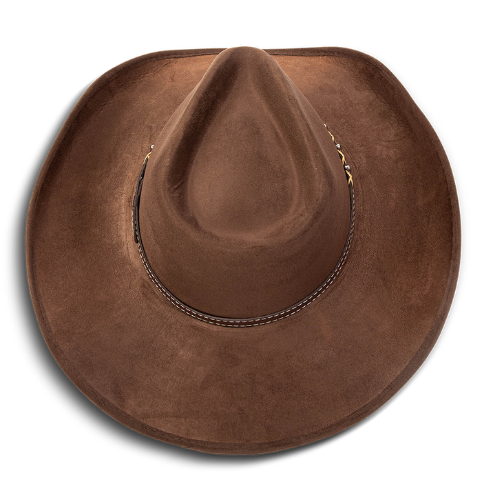 Jones brown top view showing teardrop crown on FREEBIRD western cowboy hat featuring upturned-brim and braided leather band