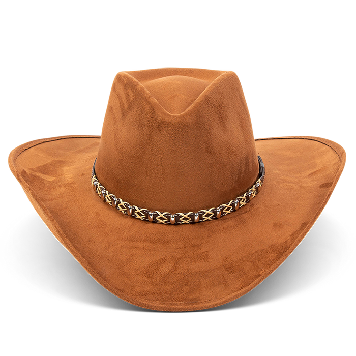 FREEBIRD Jones rust western cowboy hat featuring teardrop crown, upturned-brim, and braided leather band detailed view