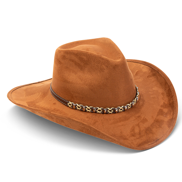 Jones rust side view showing upturned-brim on FREEBIRD western cowboy hat featuring teardrop crown and braided leather band