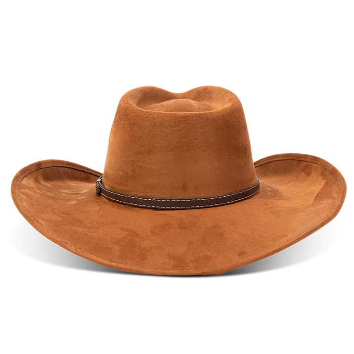 Jones rust back view showing braided leather band on FREEBIRD western cowboy hat featuring teardrop crown and upturned-brim