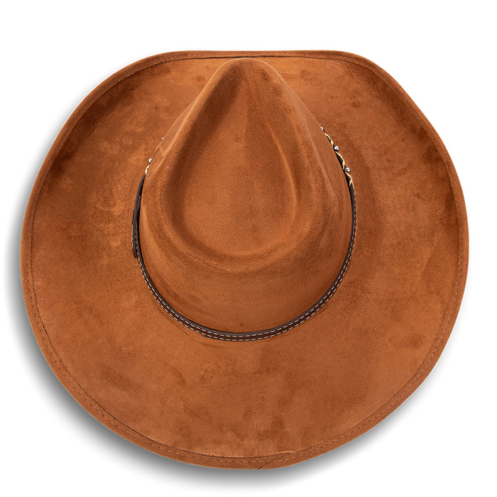 Jones rust top view showing teardrop crown on FREEBIRD western cowboy hat featuring upturned-brim and braided leather band