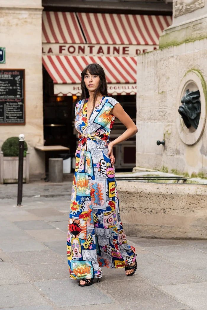 Woman models an Elegance Miss pop art jumpsuit in Paris