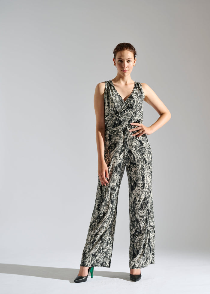 Elevran black sleeveless jumpsuit with elegant gold pattern.
