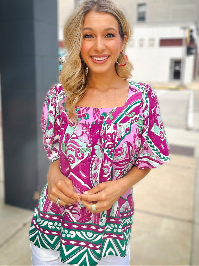 Karen Kane Print & Flare Blouse