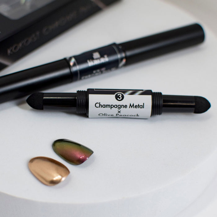 Kokoist Chrome Pen W 03 Champagne Metal x Olive Peacock Nail Art KOKOIST