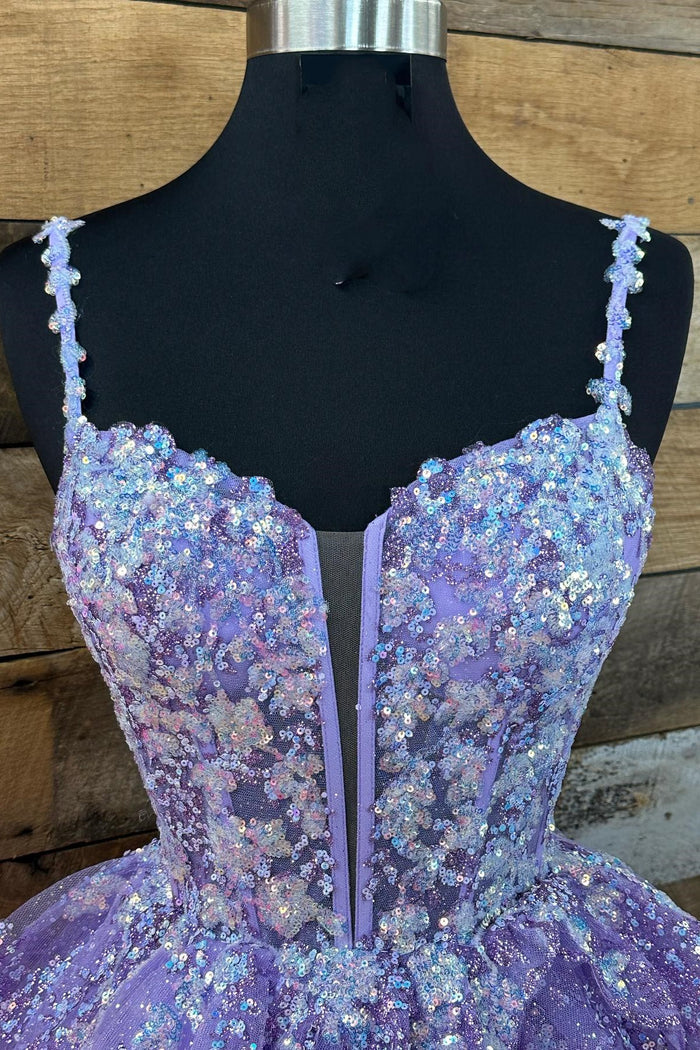 Lavender Tulle Sequin Lace-Up Tiered Short Gown