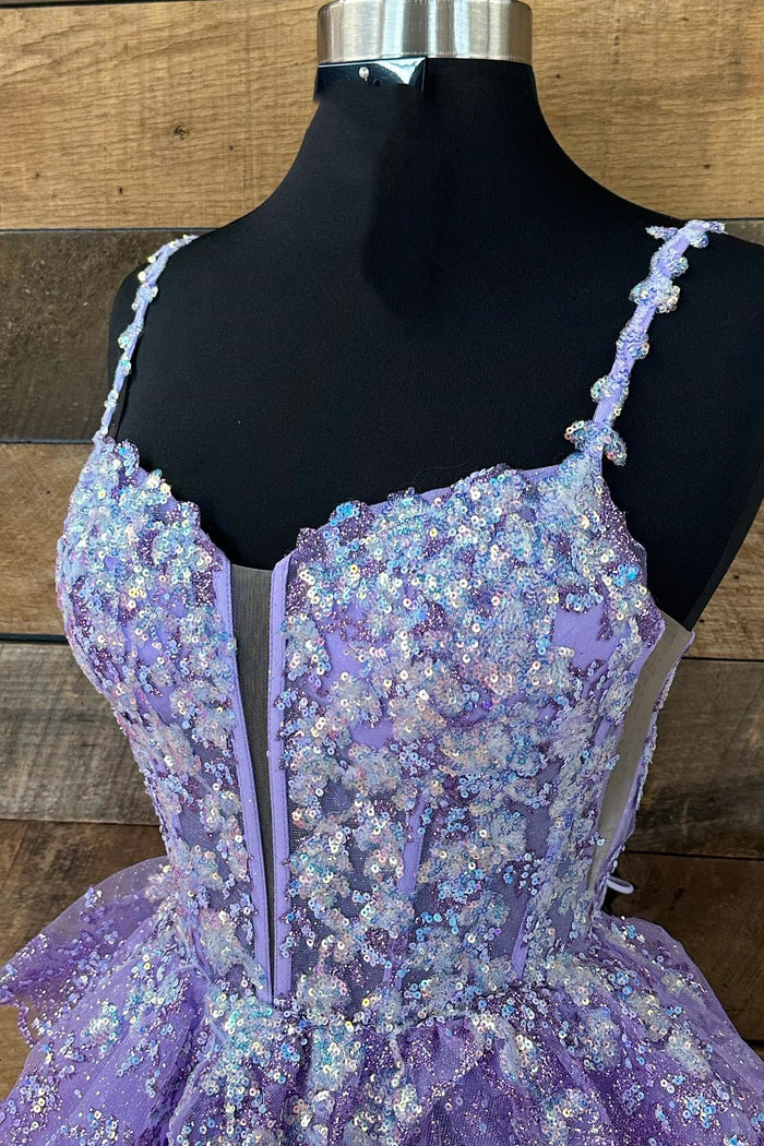 Lavender Tulle Sequin Lace-Up Tiered Short Gown