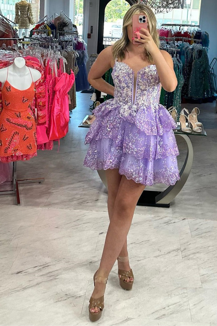 Lavender Tulle Sequin Lace-Up Tiered Short Gown