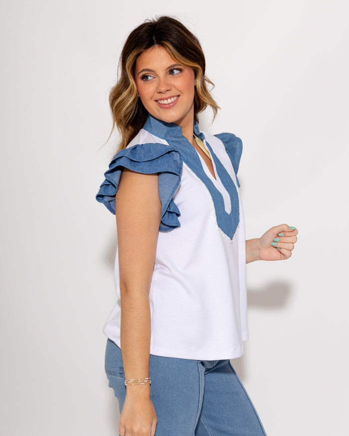 Layered Ruffle Denim Accent Top in White