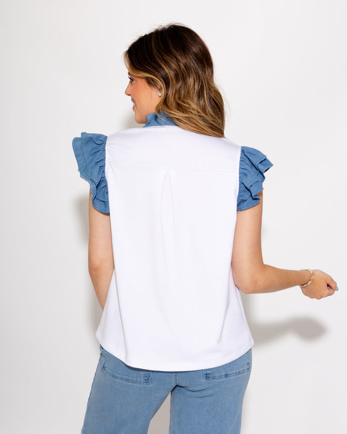 Layered Ruffle Denim Accent Top in White