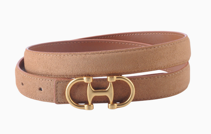 Leather Belt with Equestrian Buckle in Camel Suede