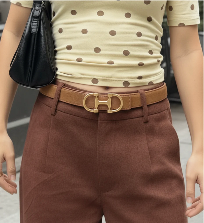 Leather Belt with Equestrian Buckle in Camel Suede