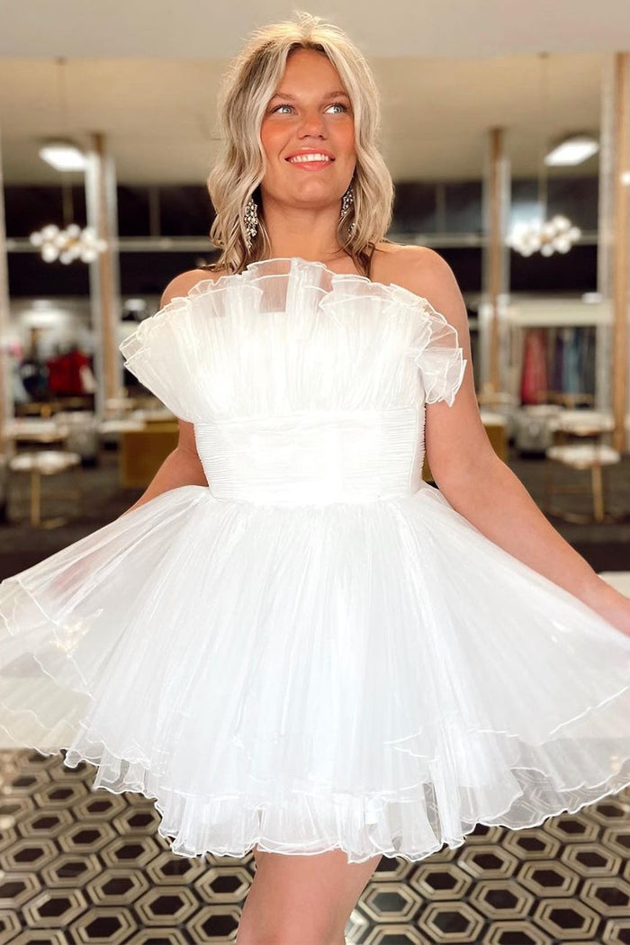 Light Blue Strapless Pleated Short Dress with Ruffles