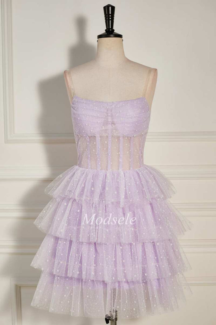 Lilac Tulle Strapless Tiered Short Homecoming Dress with Ruffles