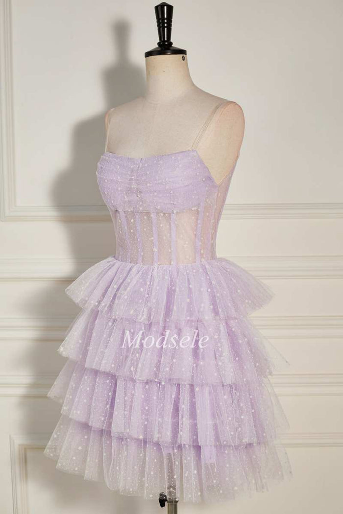 Lilac Tulle Strapless Tiered Short Homecoming Dress with Ruffles