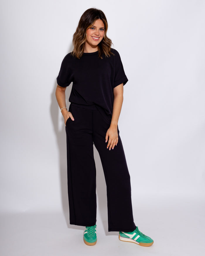 Luxe Wash Rib Wide-leg Pants in Black