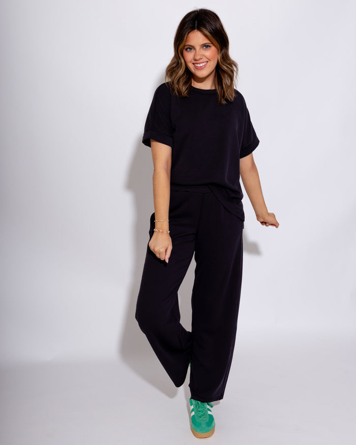 Luxe Wash Rib Wide-leg Pants in Black