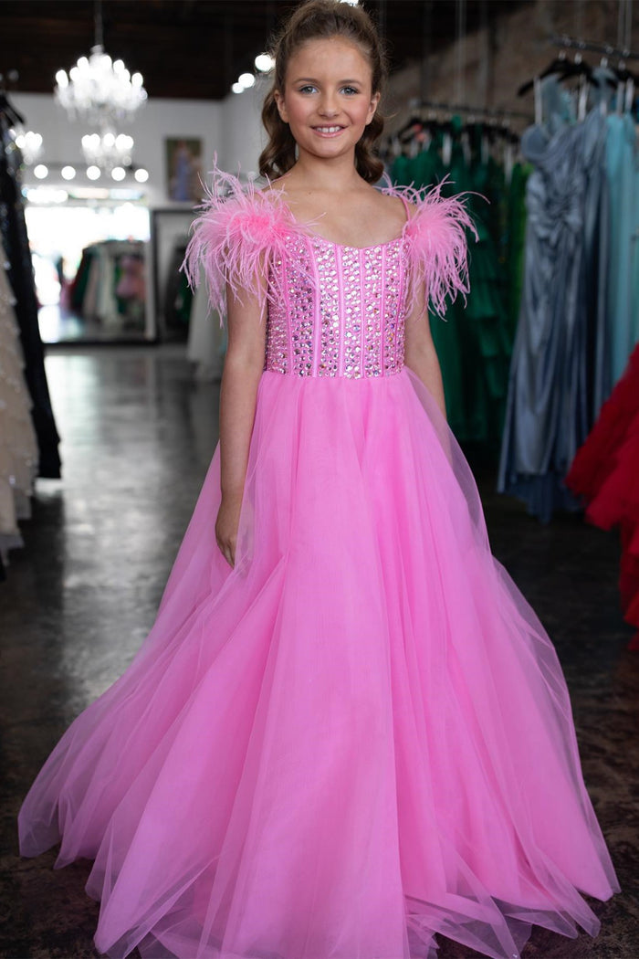 Magenta Beaded Cold-Shoulder Long Girl Pageant Dress
