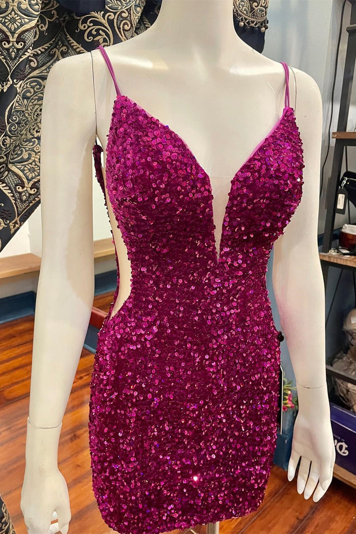 Magenta Sequin Sheer Mesh Plunge V Short Dress