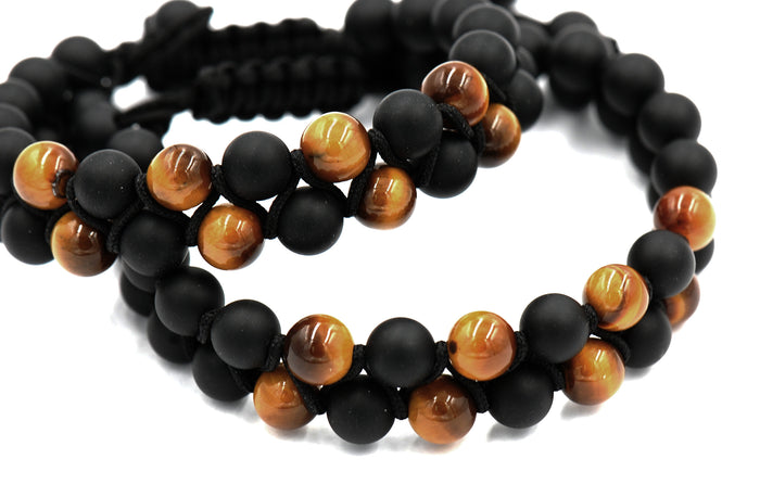 Matte Black Onyx and Tiger Eye 8mm Double Layer Wrap Beaded Bracelet