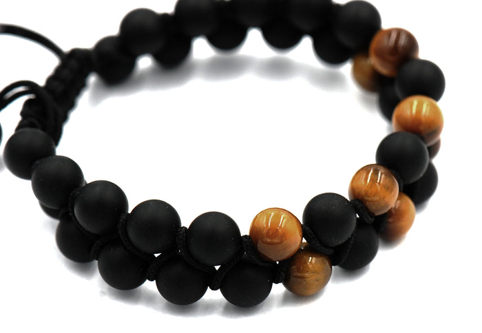 Matte Black Onyx and Tiger Eye 8mm Double Layer Wrap Beaded Bracelet