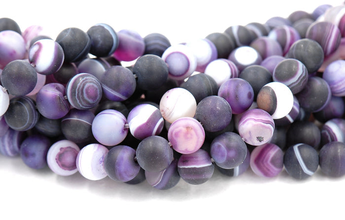 Matte Purple Striped Agate 8mm Frosted Rounds  -15 inch strand