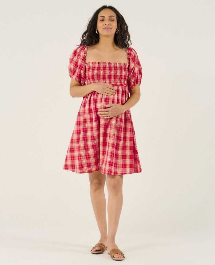 Melissa nursing short checked dress - Raspberry