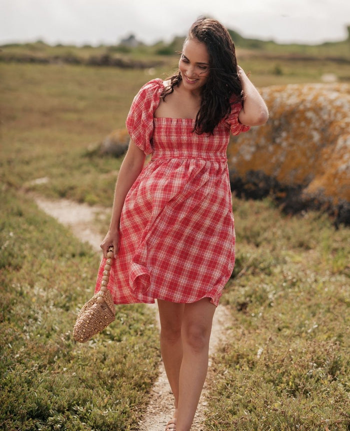 Melissa nursing short checked dress - Raspberry