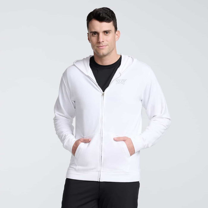 PXG men's white casual cozy full-zip hoodie on a white background