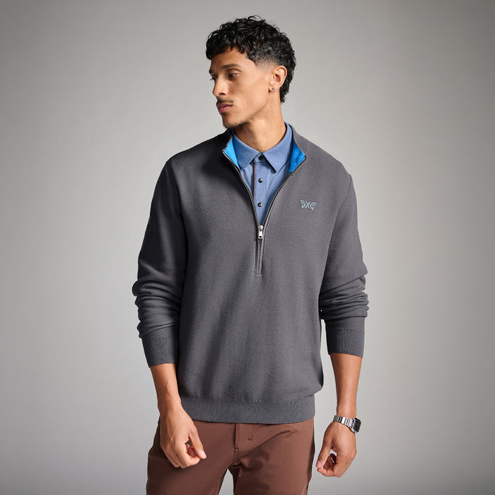 PXG men's gray classic 1/4 zip sweater on a white background