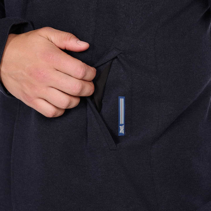 PXG men's dark navy every occasion blazer, side close-up detail